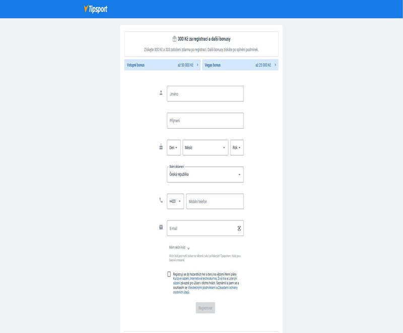 Vyplňte registrační formulář a vyberte si svůj bonus