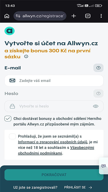 Vyplňte základní registrační formulář