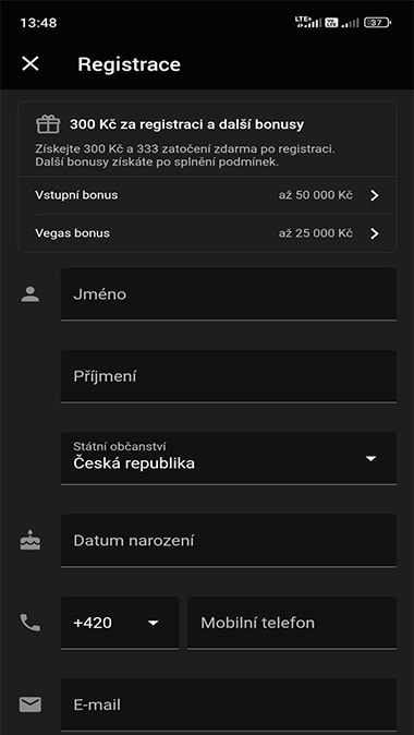 Vyplňte registrační formulář a vyberte si svůj bonus