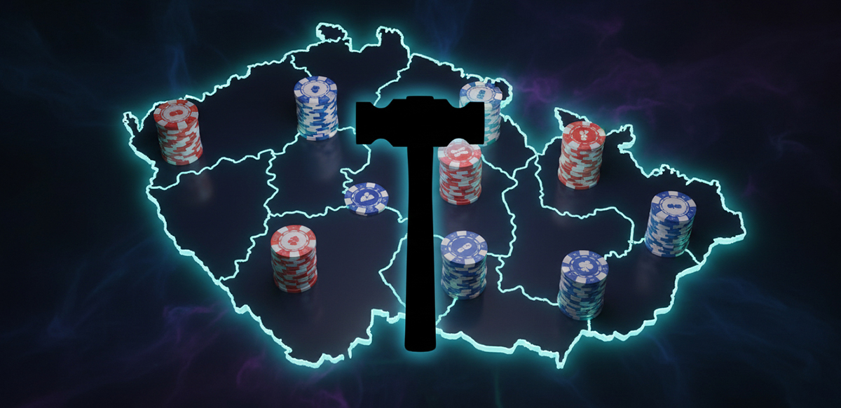 Vyobrazení hazardních her u mapy České republiky a silueta kladiva