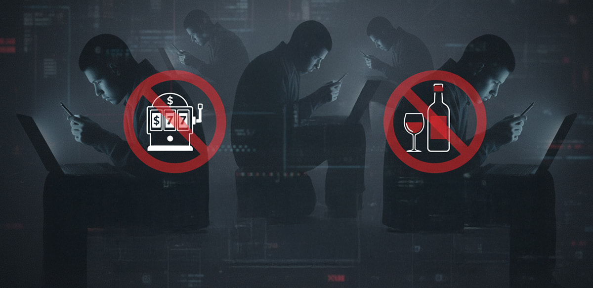 Siluety závislých hráčů a ikony zákazu hazardních her a alkoholu